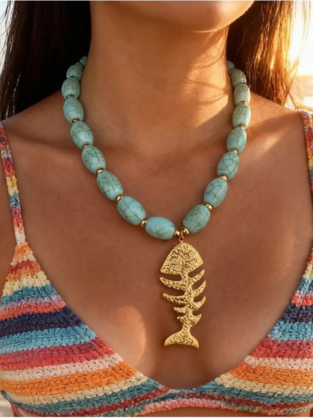 Turquoise Beaded Necklace with Gold Fishbone Pendant